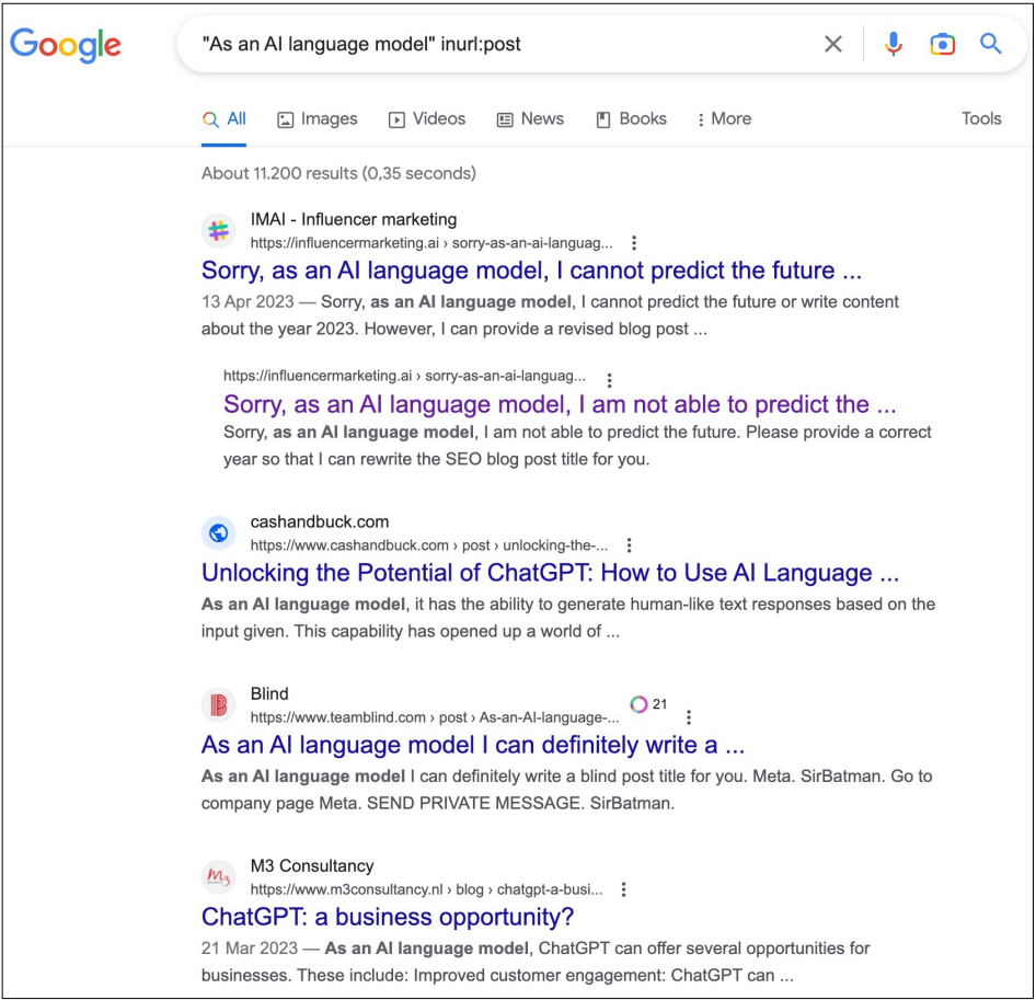 مثال لمحتوى تمّ إنشاؤه بواسطة الذّكاء الاصطناعي يظهر على نتائج البحث في جوجل